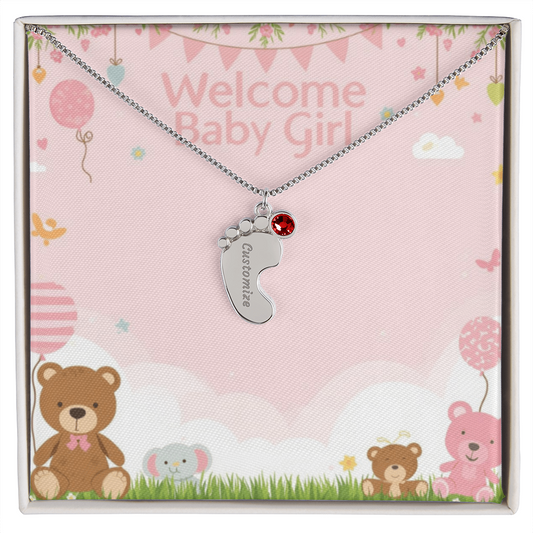 Welcome Baby Girl - Engraved Feet Necklace With Birthstone