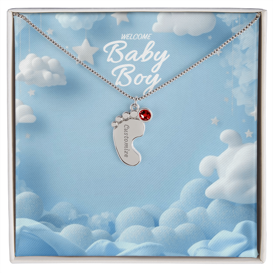 Welcome Baby Boy - Engraved Feet Necklace With Birthstone