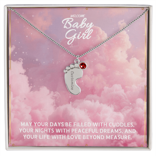 Welcome Baby Girl - Engraved Feet Necklace With Birthstone