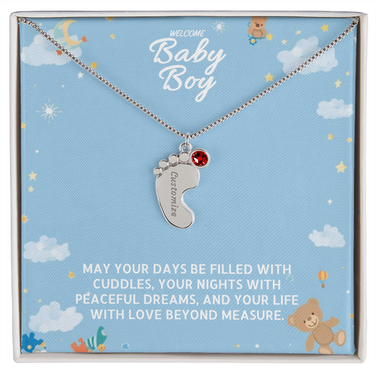 Welcome Baby Boy - Engraved Feet Necklace With Birthstone