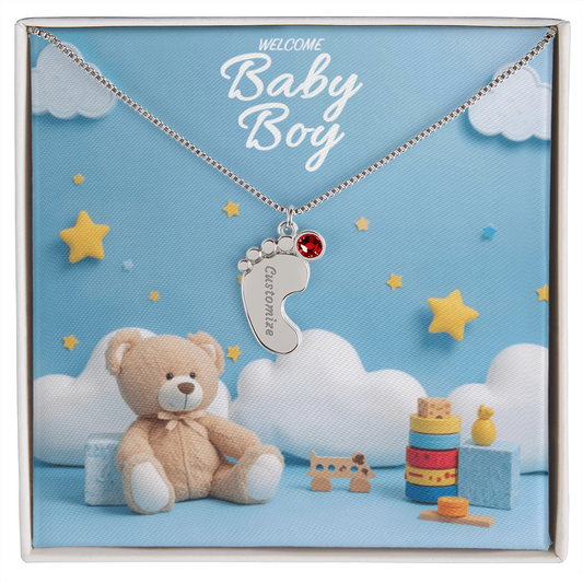 Welcome Baby Boy - Engraved Feet Necklace With Birthstone