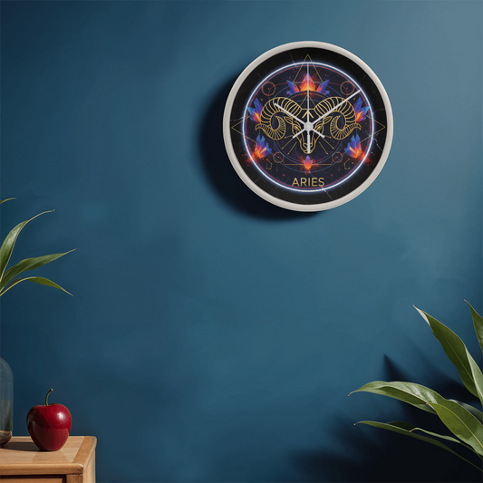 Aries Zodiac Symbol Wall Wood Frame Clock 10'' 3 Frame Colors